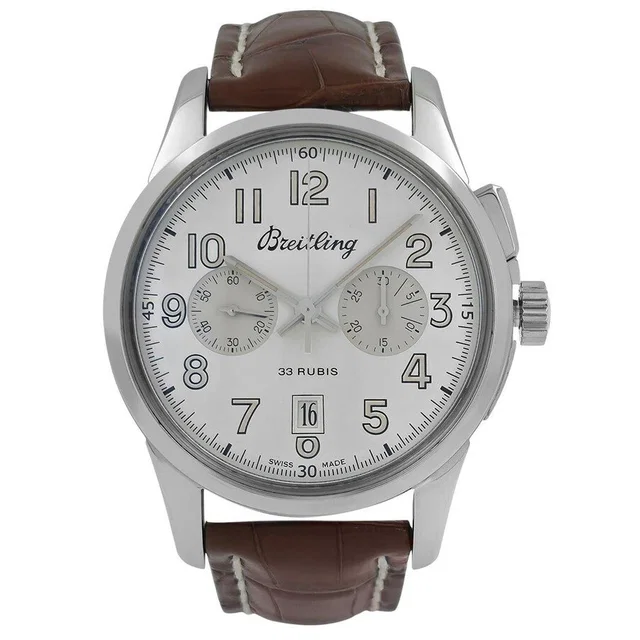 Breitling TransOcean Chronograph Automatic Chronometer Silver Dial Mens Watch AB1411 in silver|gray|brown|red Leather from Jomashop.com