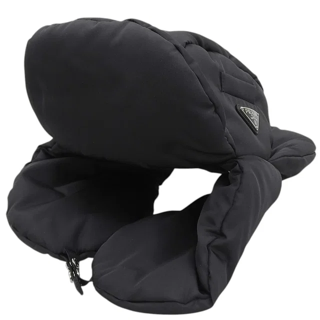 Prada Logo Plate Padded Flight Hat Black in Black Nylon from VINTAGE QOO TOKYO
