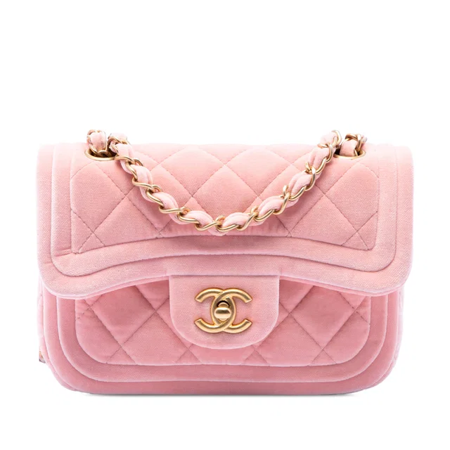 Pink Chanel Mini Quilted Velvet Double Frame Flap Crossbody Bag in Pink Velvet from Designer Revival