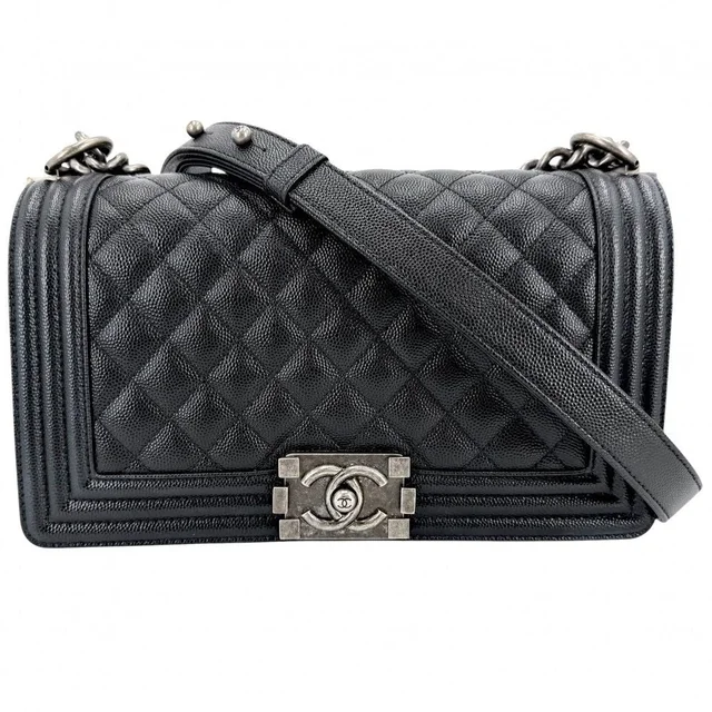 Chanel Shoulder Bag Quilted Boy CC Logo Crossbody Boy Caviar Leather Black in Black Caviar leather from The Reluxe