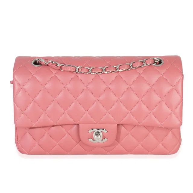 Chanel Pink Quilted Lambskin Medium Classic Double Flap Bag Leather Handbag in Pink Lambskin from HEWI