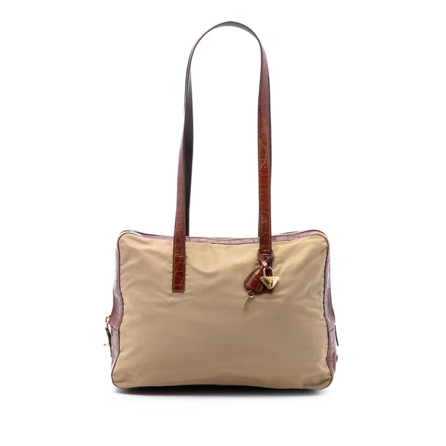 Beige Prada Croc Embossed Leather Trimmed Tessuto Shoulder Bag in Beige Crocodile from Designer Revival
