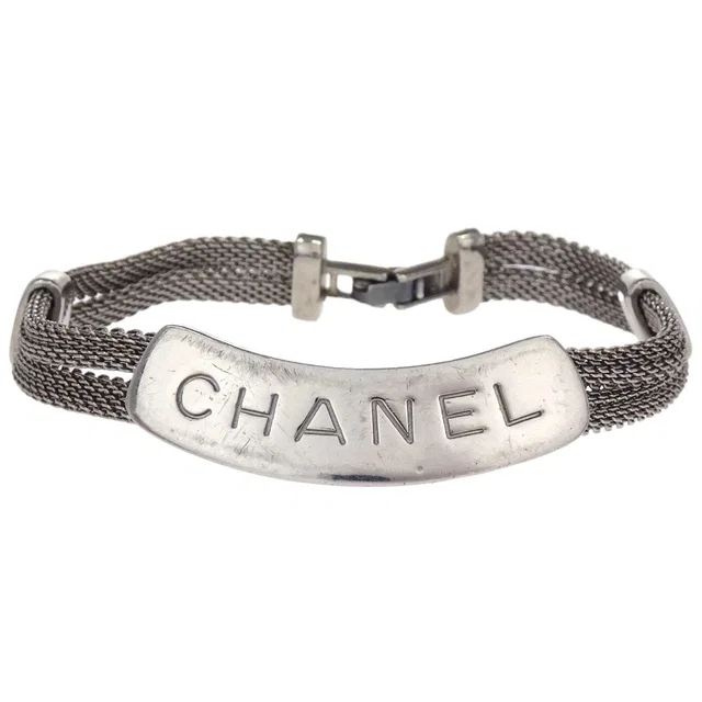 Chanel Logo Plate Bracelet Silver 98P in Silver from AMORE Vintage Tokyo