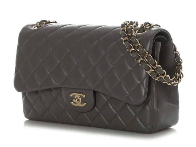 Chanel Jumbo Dark Gray Quilted Lambskin Classic Double Flap in Grey Lambskin from Ann's Fabulous Finds, photo 3 of 9