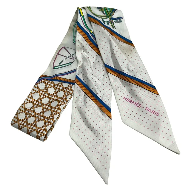 Hermès Scarf Twilly White Orange Multi Ribbon in White from The Reluxe