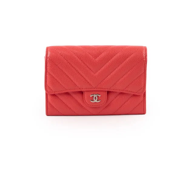 Chanel Chevron Caviar Classic Flap Wallet Coral Red in Red Caviar leather from The Purse Affair