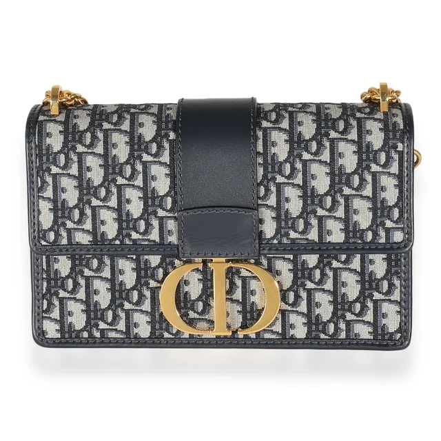 Dior Navy Oblique Jacquard 30 Montaigne Chain Bag Beige; Blue Canvas; Leather Handbag in Beige Canvas from HEWI