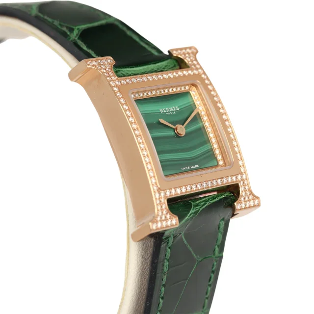 Hermès Heure H Watch S Vert Shiny Alligator, Malachite, Diamonds, Rose Gold in Green Crocodile from Madison Avenue Couture, photo 8 of 10