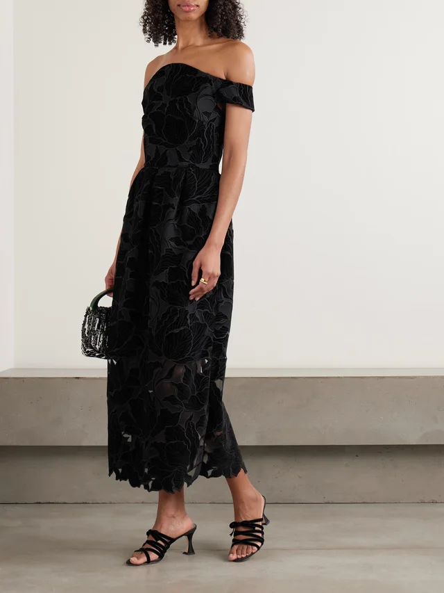 ERDEM Off-the-shoulder embroidered velvet and tulle midi dress in Black, photo 2 of 2 from NET-A-PORTER (Canada)
