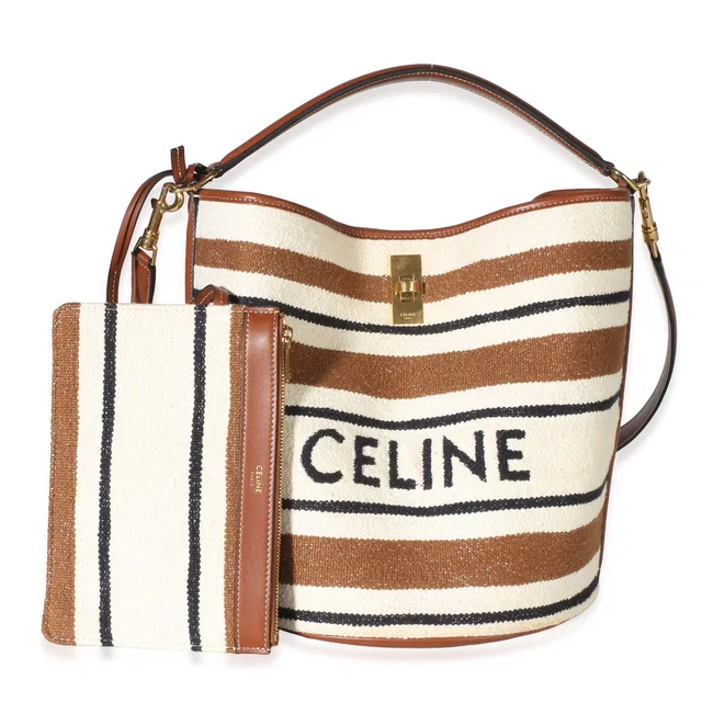 Celine Beige Brown Striped Textile Jacquard Bucket 16 Bag in Brown Canvas from myGemma