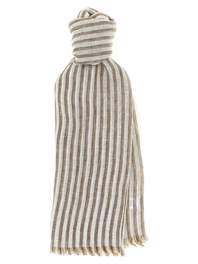 Brunello Cucinelli Striped Linen With Lamé Scarf — Beige Thread Scarfs in Beige from HEWI