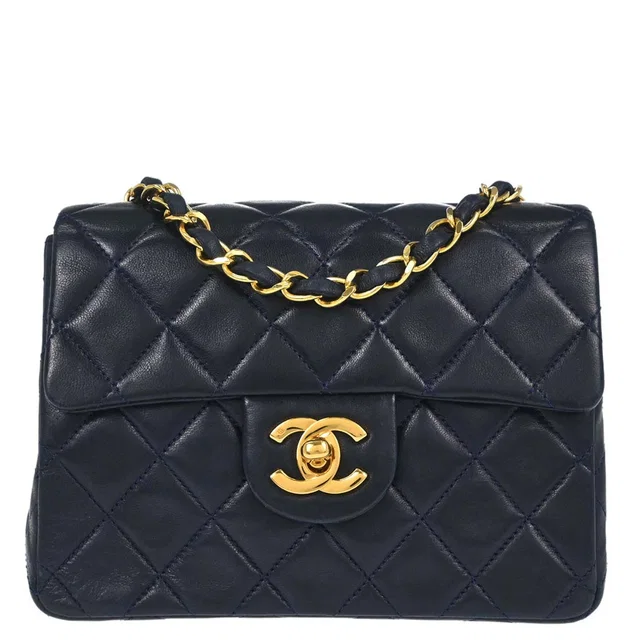 Chanel 1989-1991 Navy Lambskin Mini Classic Square Flap Shoulder Bag 17 in Navy Lambskin from AMORE Vintage Tokyo