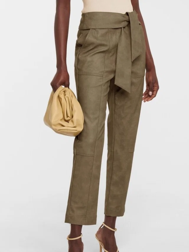 SIMKHAI Tessa Olive Tie-Waist High Rise Faux Leather Cropped Pants 2 in green Leather from Poshmark