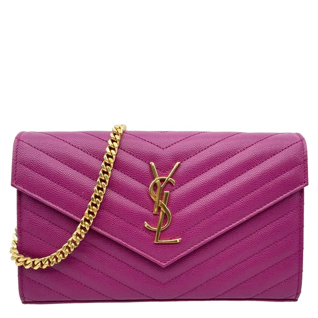 Saint Laurent Monogram Grain De Poudre Chevron Leather Chain Wallet Pink in Pink Leather from Dallas Designer Handbags
