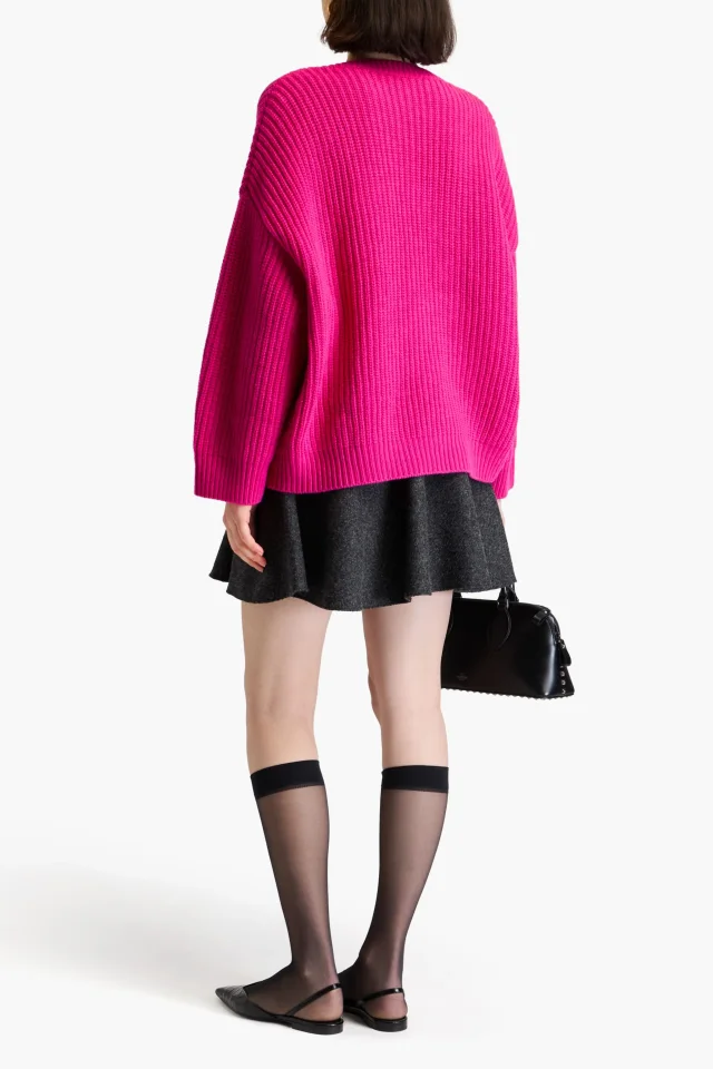 Valentino Garavani Ribbed Virgin Wool V-Neck Sweater in Fuchsia, photo 3 of 4 from THE OUTNET