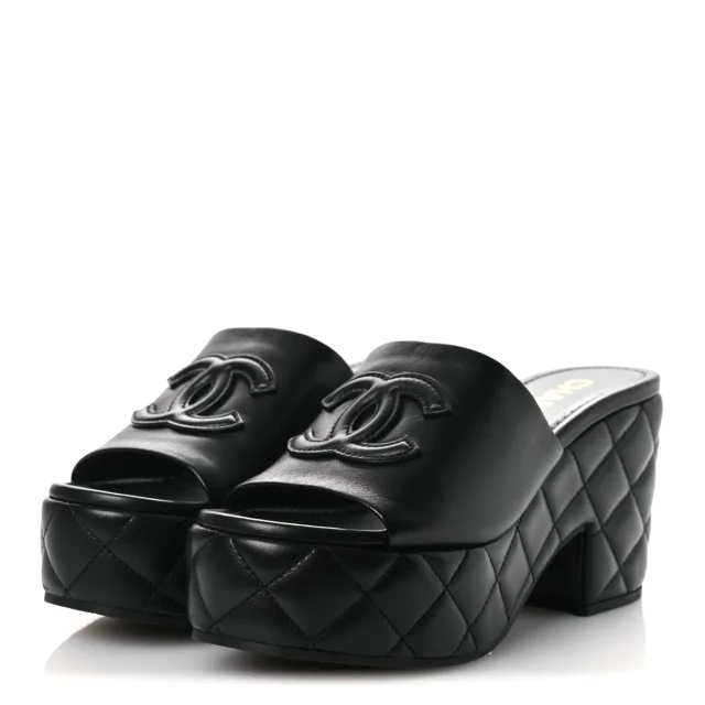 Chanel Quilted CC Platform Mules 39 Black in Black Lambskin from FASHIONPHILE, photo 4 of 11