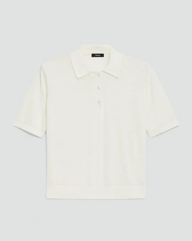 Theory Sheer Polo Shirt in Linen Knit in BONE 77% Linen, 23% Viscose; Exclusive Of Elastic, photo 6 of 12 from Theory