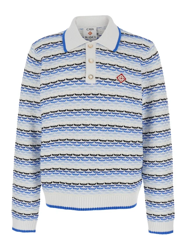 Blue Polo with Logo Embroidery on the Front and All-Over Stripes in Cotton Man, image 1 of 1 from Gaudenzi Boutique