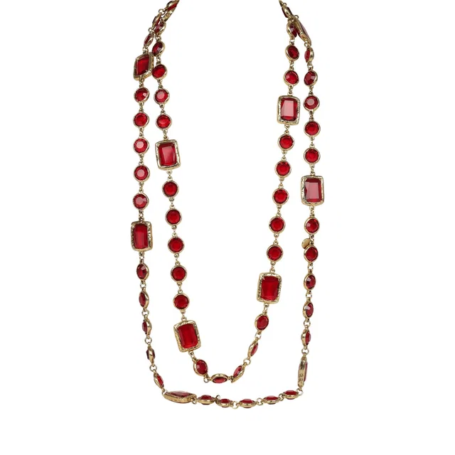 Vintage 1981 Chanel Chicklet Long Necklace Red Gripoix Gold Plated Hardware in Red from Madison Avenue Couture