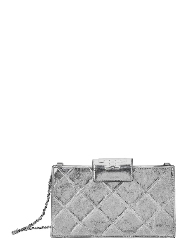 'Fleming Mini' Metallic Shoulder Bag with Chain Strap and Quilted Design in Leather for Women, image 1 of 1 from Gaudenzi Boutique