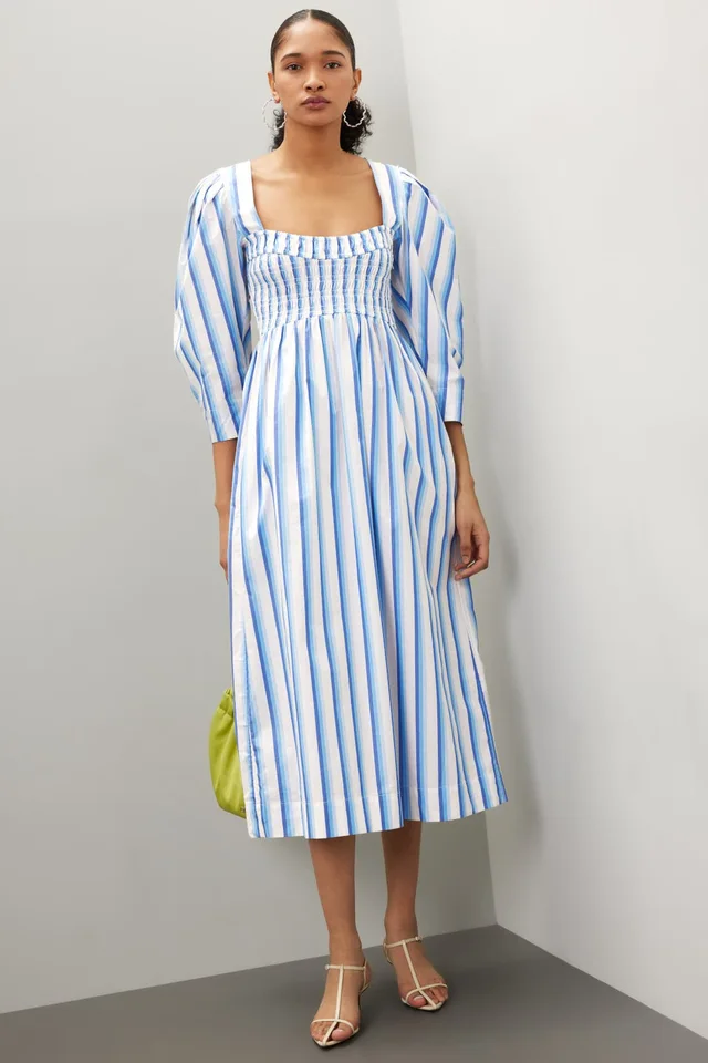 GANNI Blue Striped Cotton Smock Midi Dress in blue|white from Rent The Runway
