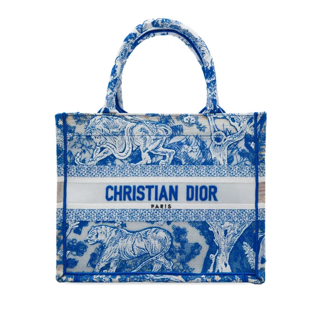 Blue Dior Small Canvas Embroidered Toile De Jouy Sauvage Book Tote in Blue Canvas from Designer Revival