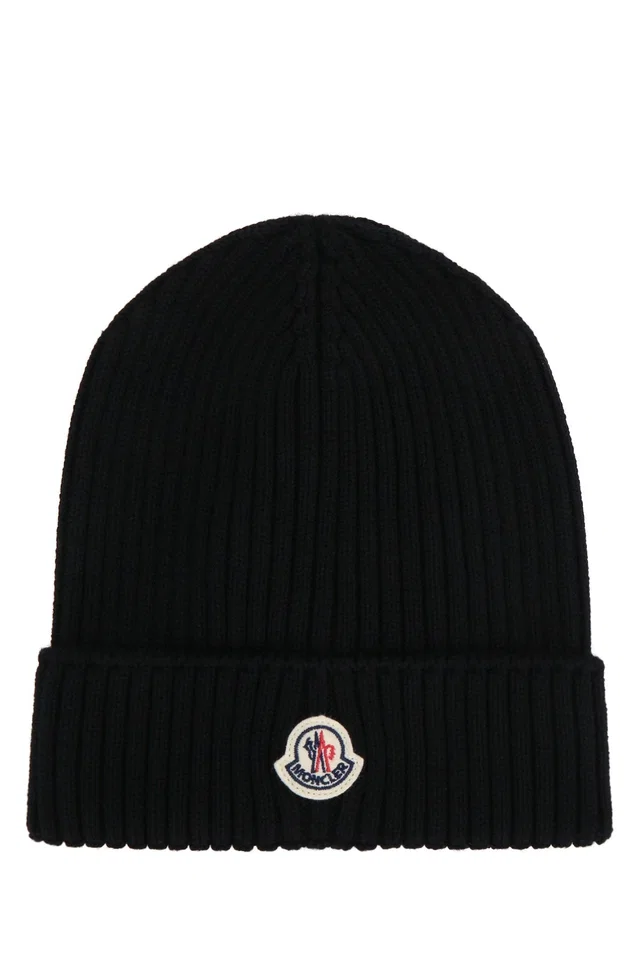 Moncler Hat Ribbed Knit Beanie — Black Mixed Fibres Beanies in Black from HEWI