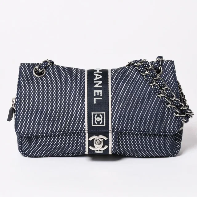 Chanel Sports Line Mesh Chain Shoulder Bag Fabric CC Logo CC Turnlock Navy in Navy from The Reluxe