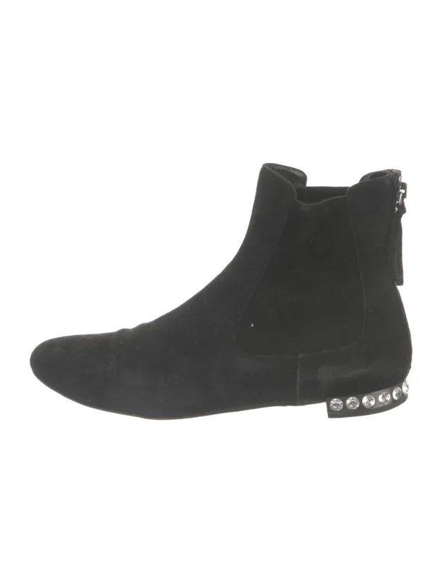 Miu Miu Suede Crystal Embellishments Chelsea Boots in black Suede from The RealReal