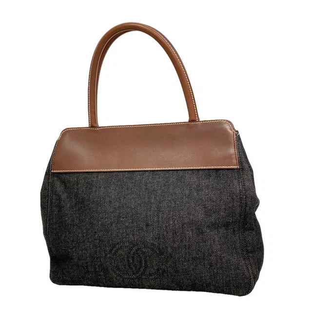 Chanel Tote Bag Denim Leather Black Brown Silver in Black Denim from The Reluxe