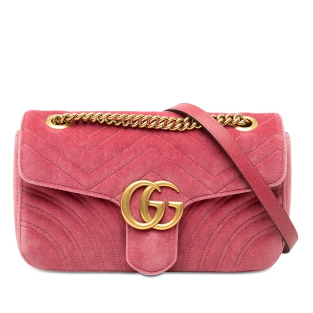 Pink Gucci Medium GG Marmont Matelasse Velvet Shoulder Bag in Pink Velvet from Designer Revival