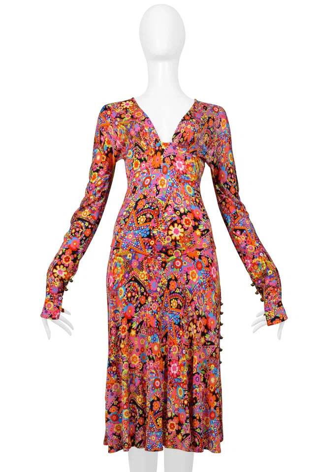 Versace Multicolor Floral Print Day Dress With Plunging Neckline 2002 in Multicolor from Resurrection Vintage