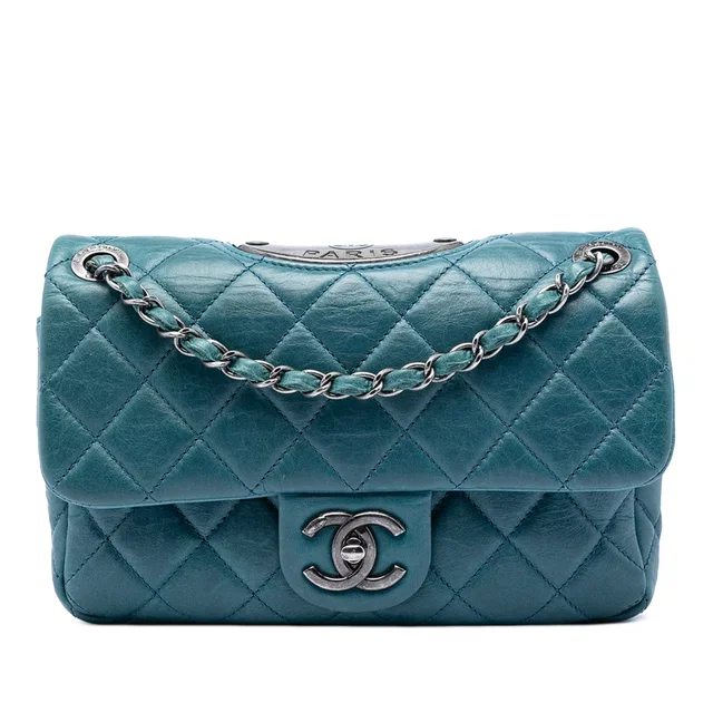 Blue Chanel Quilted Calfskin Plaque Double Flap Shoulder Bag in Blue Calfskin from Designer Revival