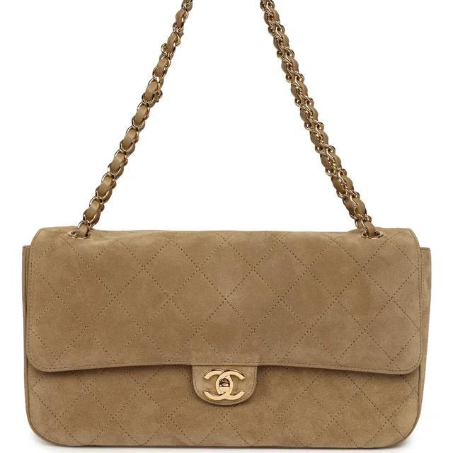 Chanel Maxi "Souplissimo" Small Flap Bag Dark Beige Suede Gold Hardware in Beige Suede from Madison Avenue Couture