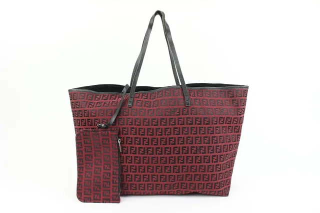 Fendi Dark Red Monogram FF Zucca Roll Tote with Pouch in Red Canvas from Bagriculture