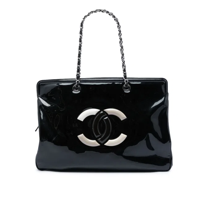 Black Chanel CC Patent Lipstick Ligne Tote in Black Patent leather from Designer Revival