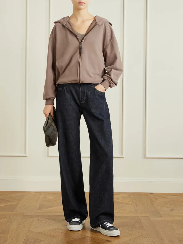 BRUNELLO CUCINELLI Bead-embellished cotton-jersey zip-up hoodie in Brown, photo 2 of 2 from NET-A-PORTER (Canada)