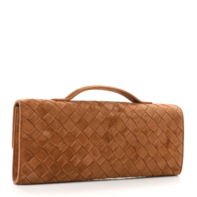 Bottega Veneta Intrecciato Long Andiamo Top Handle Clutch Amber in Suede from FASHIONPHILE, photo 3 of 8