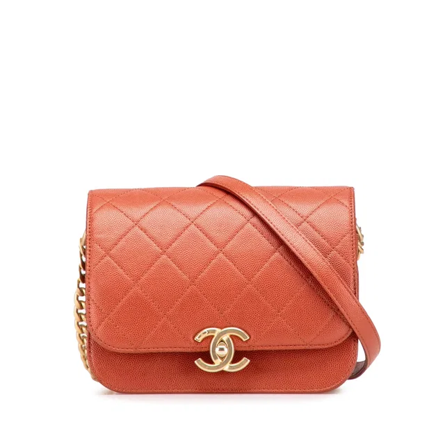 Orange Chanel Mini CC Quilted Caviar Messenger Single Flap Crossbody Bag in Orange Caviar leather from Designer Revival
