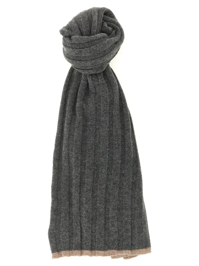 Brunello Cucinelli Ribbed Cashmere Scarf — Grey Pure Yarn Scarfs in Grey Cashmere from HEWI