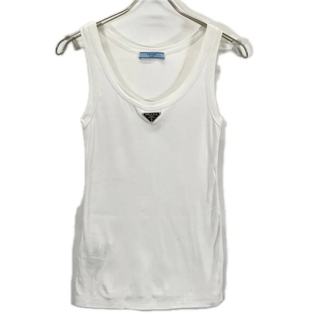 Prada White Triangle Logo Ribbed Knit Jersey Tank Top Sweater 36 in White from The Reluxe