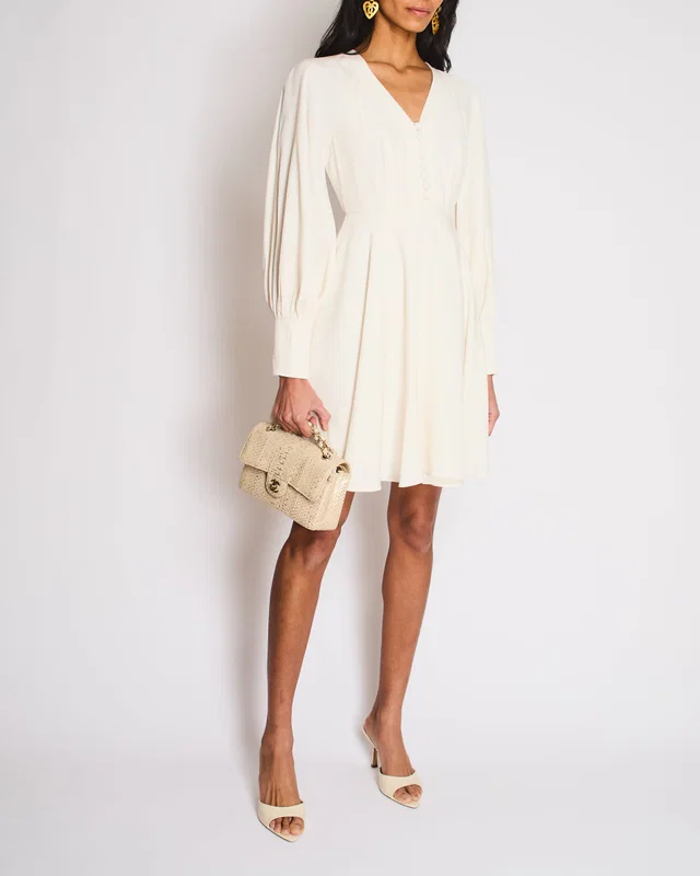 Zimmermann White Long Sleeve V-Neck Midi Dress with Button Detail Size 0 (UK 8) in White from Sellier