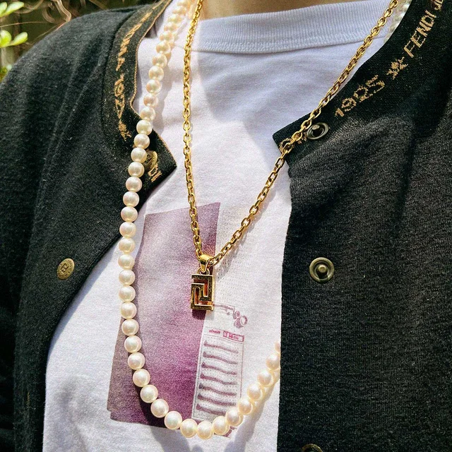Versace Logo Plate Necklace Gold in Gold from VINTAGE QOO TOKYO