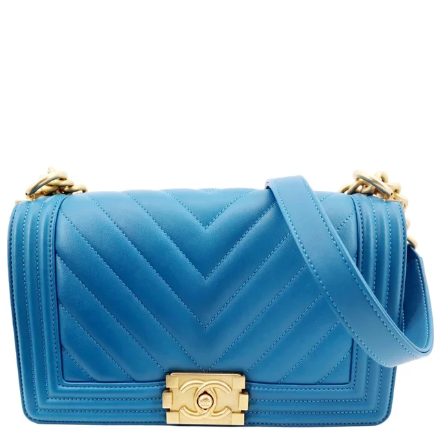 Chanel Medium Boy Flap Chevron Quilted Calfskin Shoulder Bag Blue in Blue Calfskin from Dallas Designer Handbags