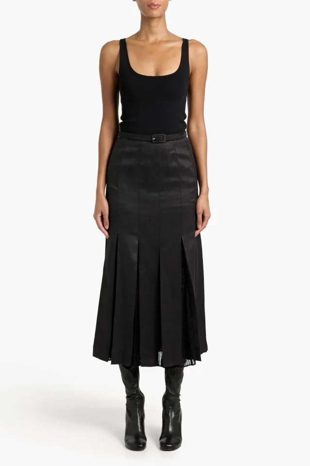 Gabriela Hearst Edith Pleated Linen-Twill and Crocheted Silk Midi Skirt in Black, photo 2 of 4 from THE OUTNET