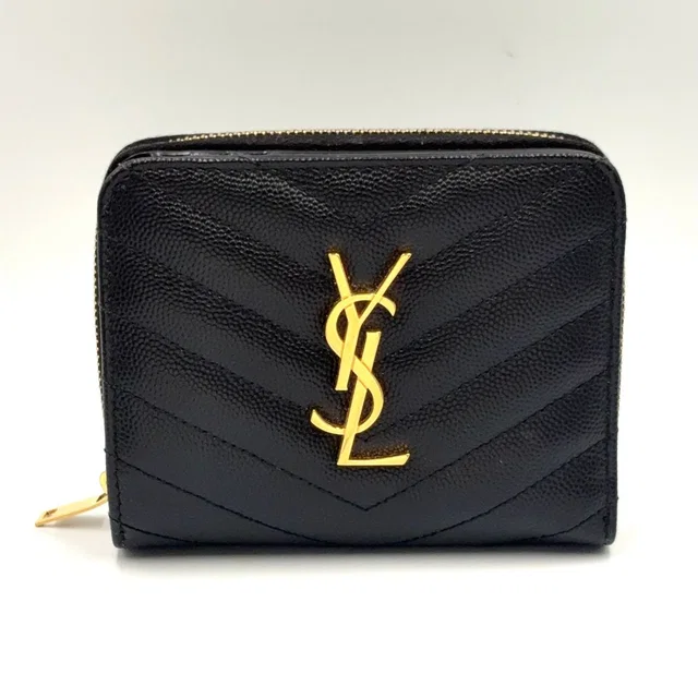 Saint Laurent Monogram Compact Zip Around Caviar Leather Black Wallet Gold in Black Caviar leather from The Reluxe