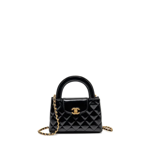 Chanel mini Kelly shopping tote bag shiny calfskin black GHW (microchip) in Black Calfskin from EMIER