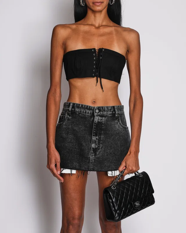 Prada Black Denim Sleeveless Corset Bralette Top with Triangle Detail Size IT 40 (UK 8) in Black Denim from Sellier