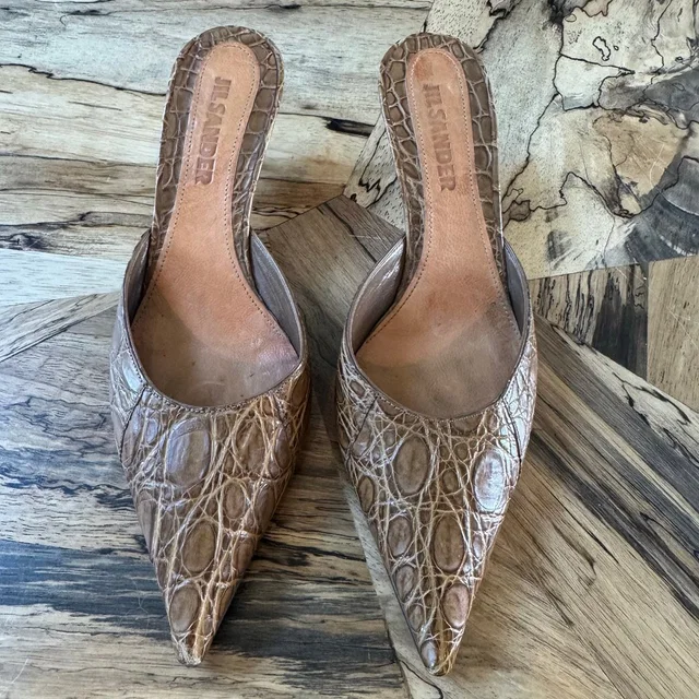 Jil Sander Vintage Croc Embossed Leather Mules Pointed Toe Kitten Heel Brown 39 in brown|red Crocodile from Poshmark