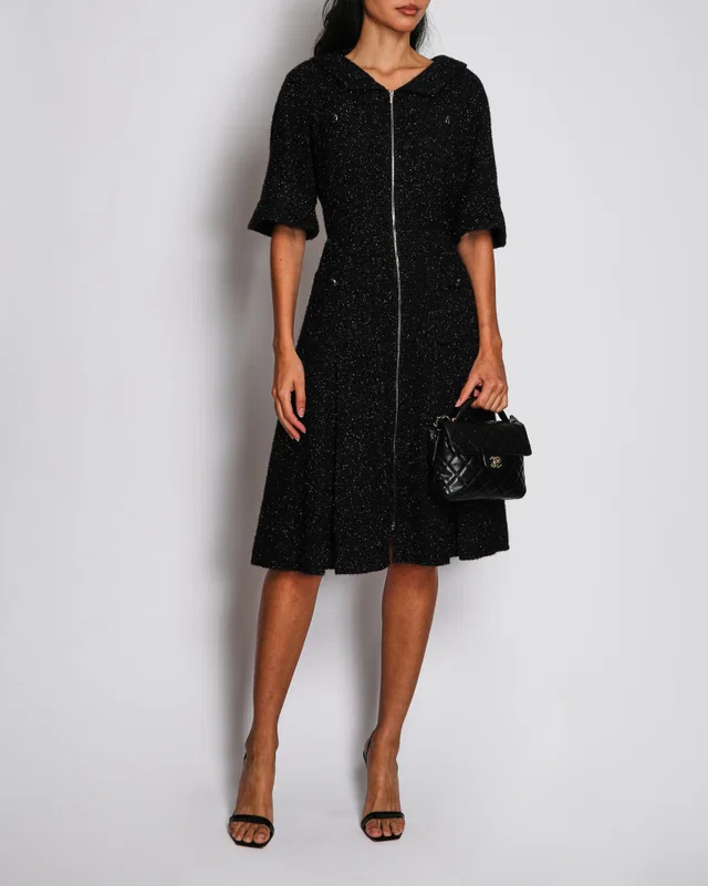 Chanel Black and Navy Shimmery Tweed Mini Dress with Globe Button Detail and Silver Zip Size FR 44… in Black Tweed from Sellier